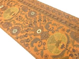 縞に草花模様織出し全通洒落袋帯